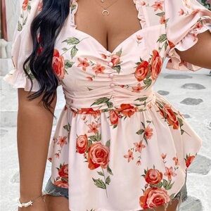 SHEIN Pink Floral Ruffle Blouse